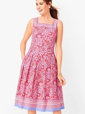 Talbots Medallion Red Pink Blue Fit & Flare Sleeveless Dress Sz 14 Pockets Midi